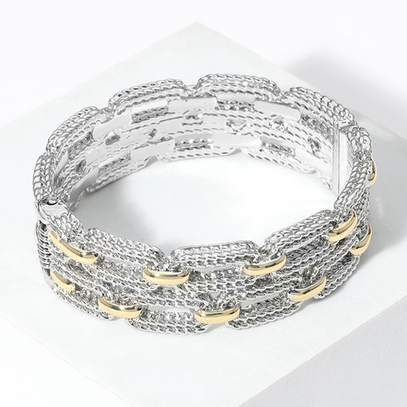 Silver Gold Two Tone Double Layered Textured Chain Link Bangle Bracelets - Picture 3 of 4